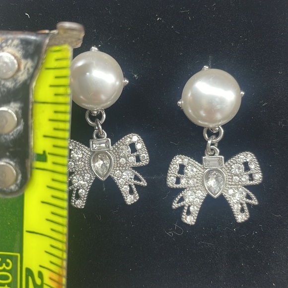 Silver Bow Drop Earrings For Women - CZ Crystal Dangle Earrings With Surgical Steel Posts